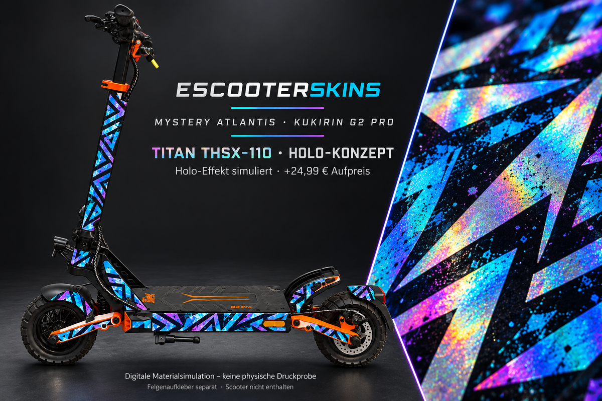 KUKIRIN G2 PRO SKIN | MYSTERY ATLANTIS – Holo-Effekt simuliert; +24,99 EUR Aufpreis. Digitale Materialsimulation, keine physische Druckprobe. Nur Body-Skin; Scooter und Felgenaufkleber nicht enthalten.
