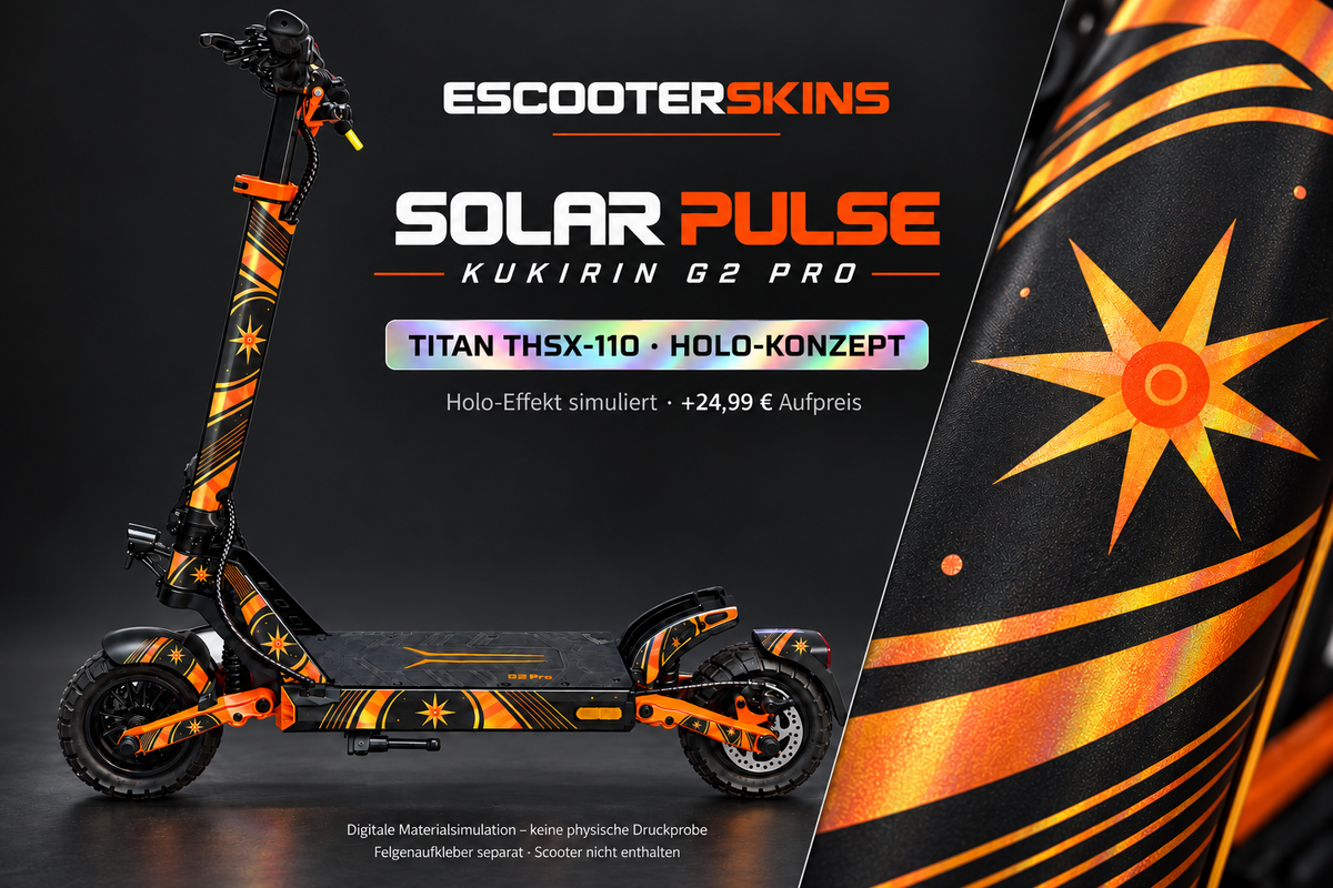 KUKIRIN G2 PRO SKIN | SOLAR PULSE – Holo-Effekt simuliert; +24,99 EUR Aufpreis. Digitale Materialsimulation, keine physische Druckprobe. Nur Body-Skin; Trittbrett und Felgenaufkleber separat; Scooter nicht enthalten.