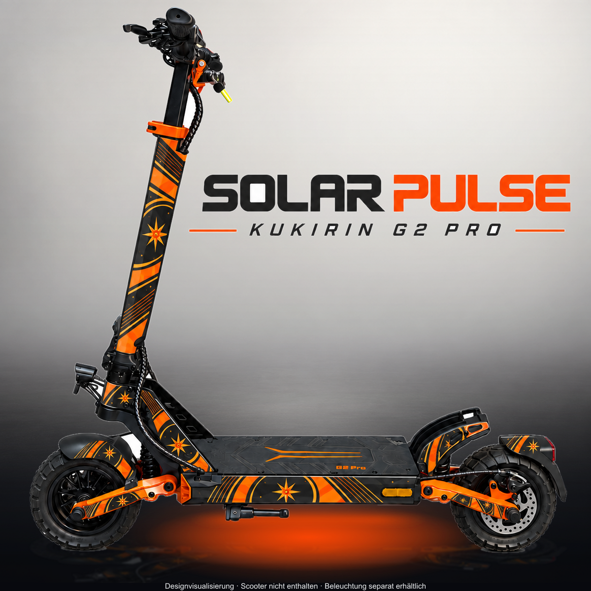 KUKIRIN G2 PRO SKIN | SOLAR PULSE – Designvisualisierung im Studio-Look mit Licht in der Skinfarbe; Scooter nicht enthalten, Beleuchtung separat erhältlich