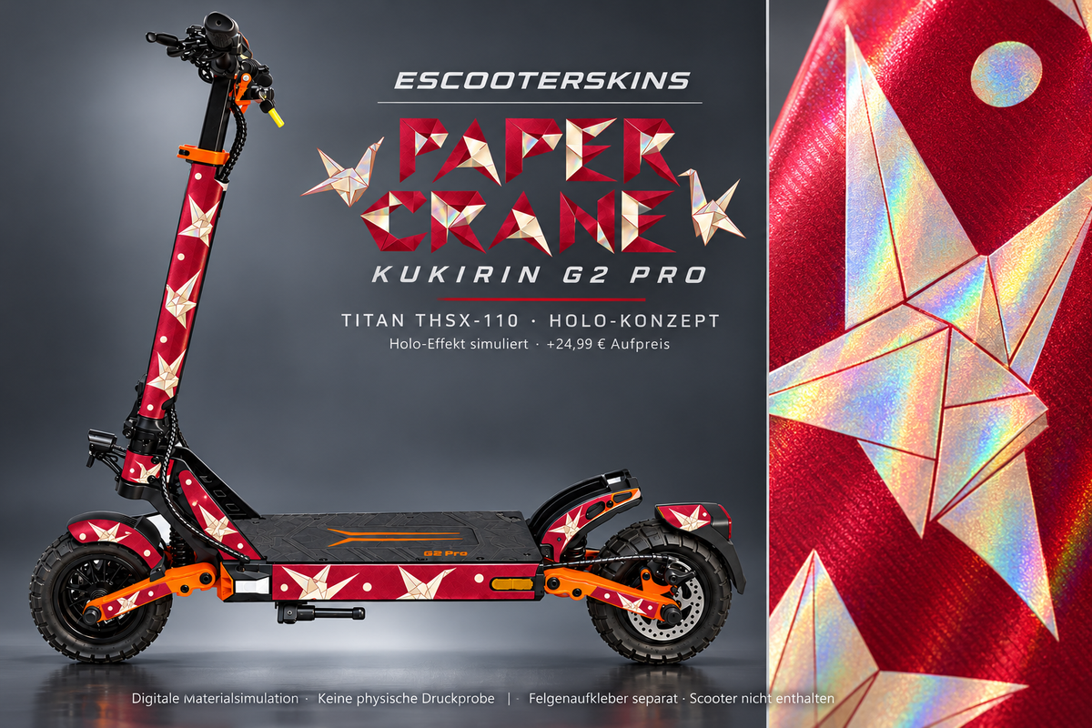 KUKIRIN G2 PRO SKIN | PAPER CRANE – Holo-Effekt simuliert; +24,99 EUR Aufpreis. Digitale Materialsimulation, keine physische Druckprobe. Nur Body-Skin; Scooter und Felgenaufkleber nicht enthalten.