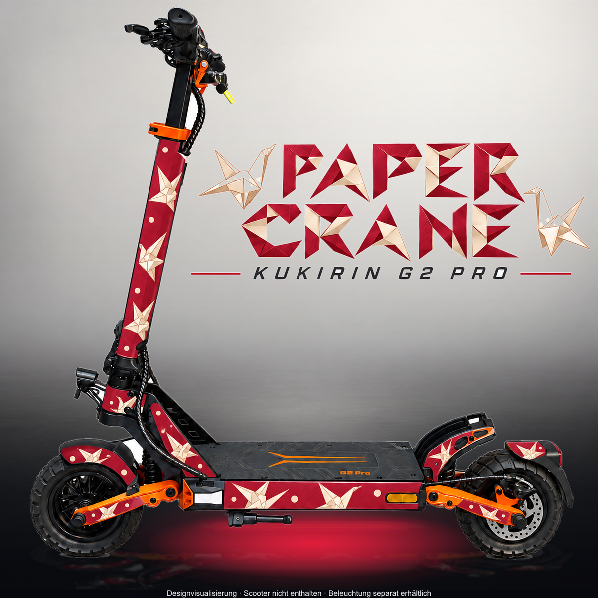 KUKIRIN G2 PRO SKIN | PAPER CRANE – Designvisualisierung im Studio-Look mit Licht in der Skinfarbe; Scooter nicht enthalten, Beleuchtung separat erhältlich