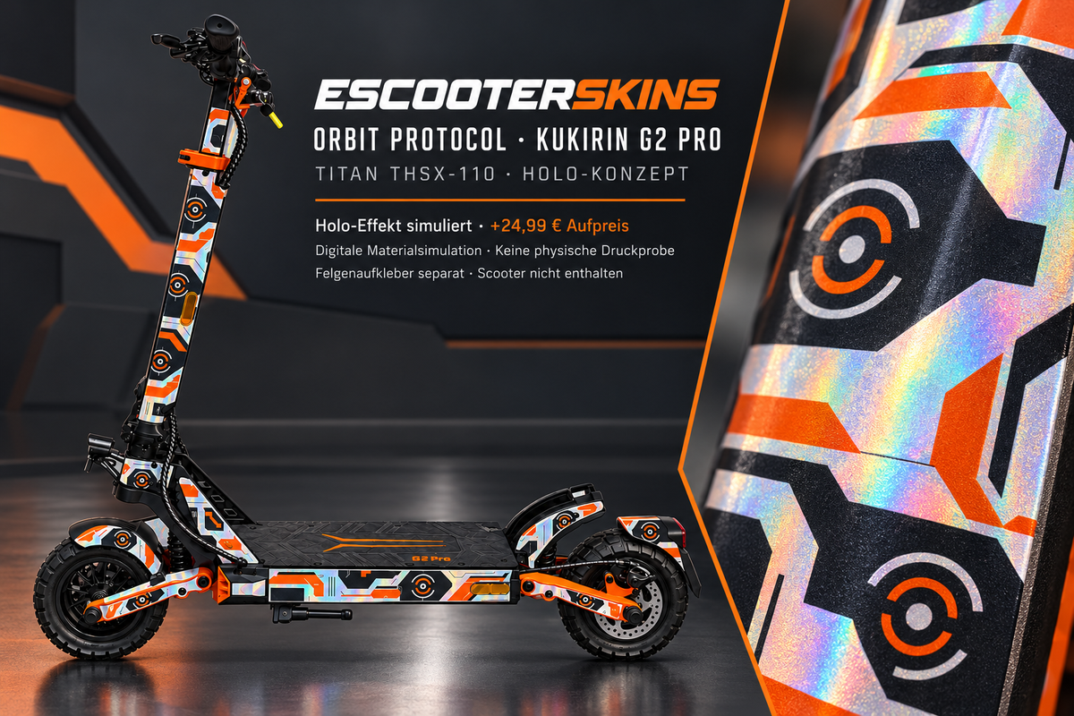 KUKIRIN G2 PRO SKIN | ORBIT PROTOCOL – Holo-Effekt simuliert; +24,99 EUR Aufpreis. Digitale Materialsimulation, keine physische Druckprobe. Nur Body-Skin; Scooter und Felgenaufkleber nicht enthalten.