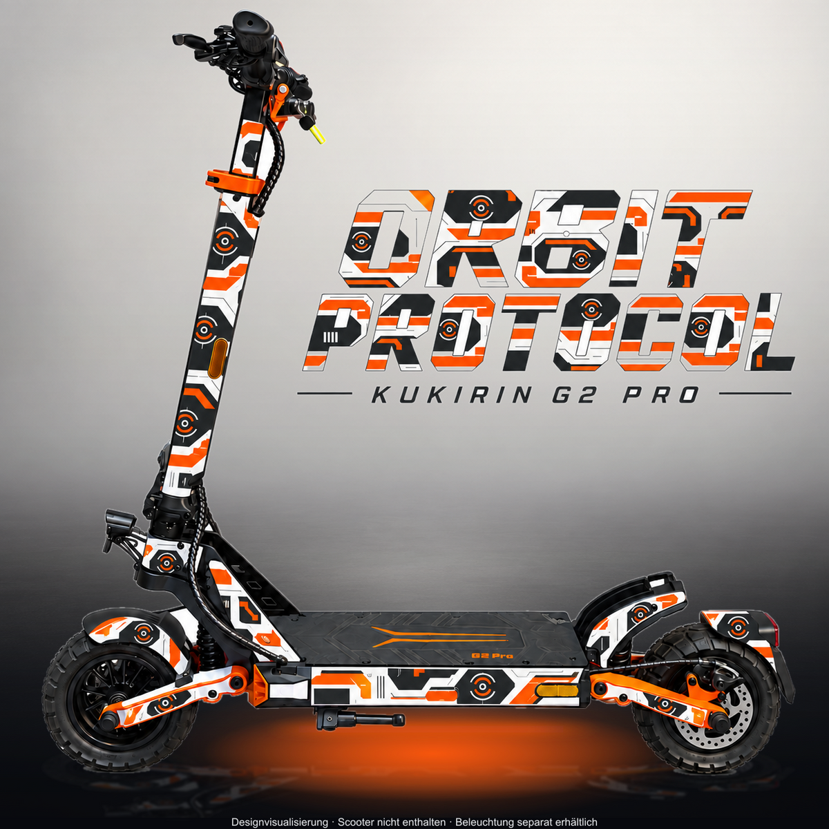 KUKIRIN G2 PRO SKIN | ORBIT PROTOCOL – Designvisualisierung im Studio-Look mit Licht in der Skinfarbe; Scooter nicht enthalten, Beleuchtung separat erhältlich