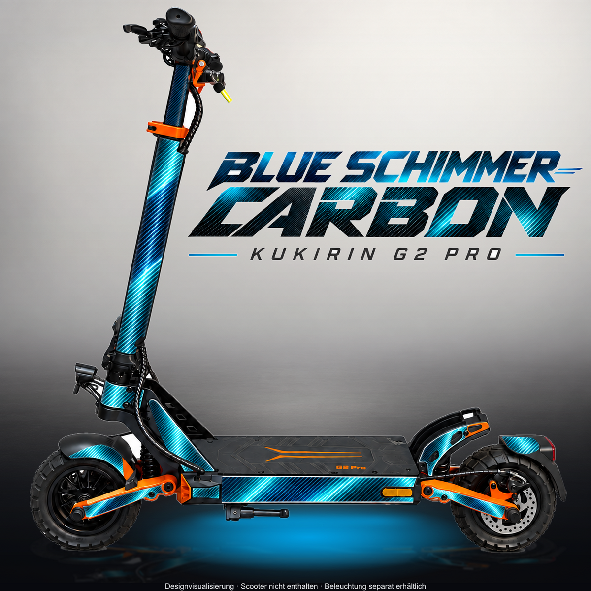 KUKIRIN G2 PRO SKIN | BLUE SCHIMMER CARBON – Designvisualisierung im Studio-Look mit Licht in der Skinfarbe; Scooter nicht enthalten, Beleuchtung separat erhältlich