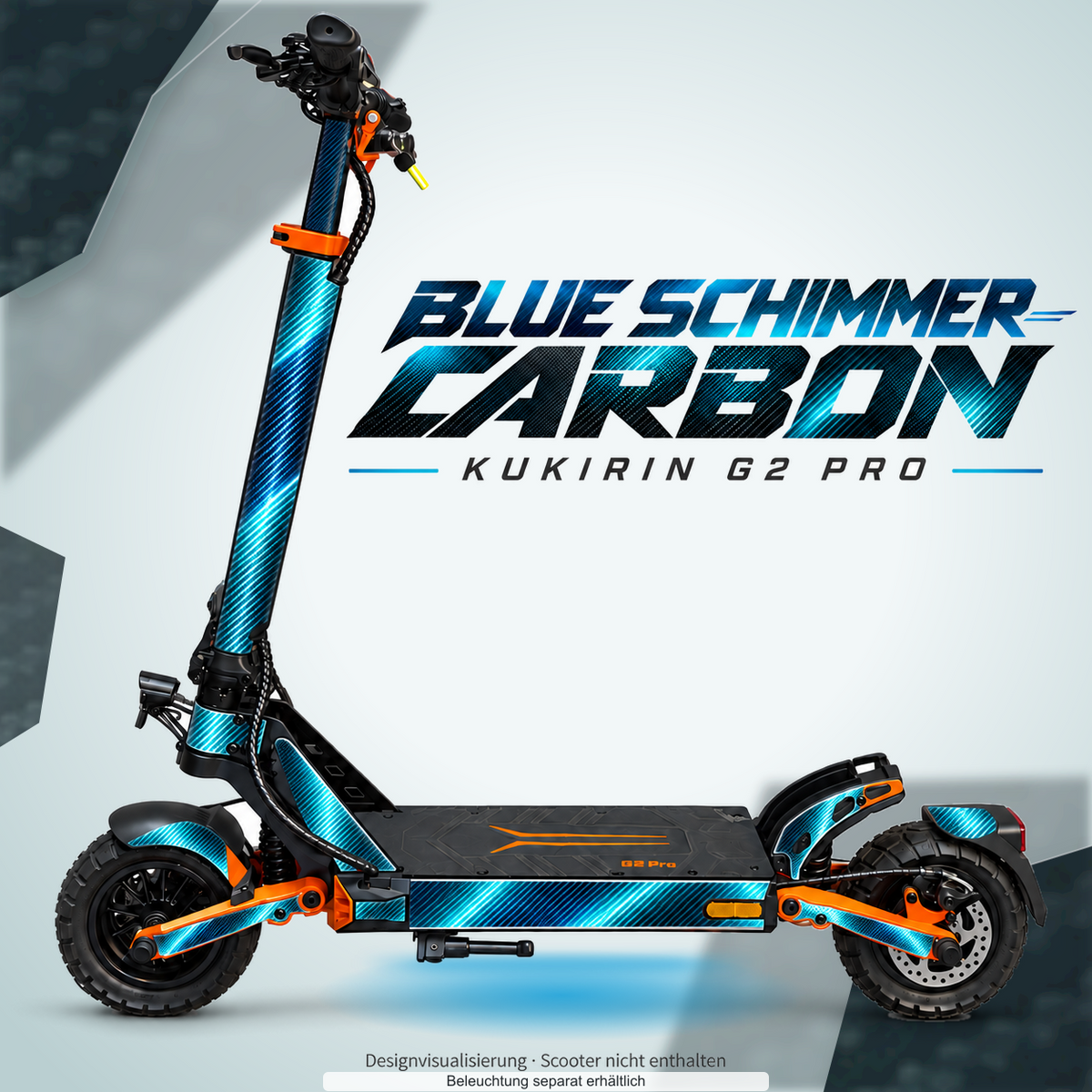 KUKIRIN G2 PRO SKIN | BLUE SCHIMMER CARBON – Designvisualisierung mit farblich passendem Lichtschein. Scooter nicht enthalten; Beleuchtung separat erhältlich.