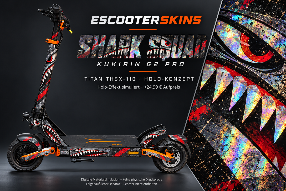 KUKIRIN G2 PRO SKIN | SHARK SQUAD – Holo-Effekt simuliert; +24,99 EUR Aufpreis. Digitale Materialsimulation, keine physische Druckprobe. Nur Body-Skin; Trittbrett und Felgenaufkleber separat; Scooter nicht enthalten.