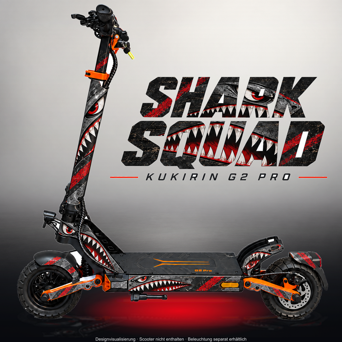 KUKIRIN G2 PRO SKIN | SHARK SQUAD – Designvisualisierung im Studio-Look mit Licht in der Skinfarbe; Scooter nicht enthalten, Beleuchtung separat erhältlich
