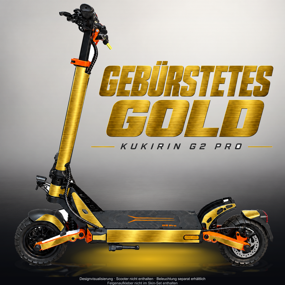 KUKIRIN G2 PRO SKIN | GEBÜRSTETES GOLD – Designvisualisierung mit Licht in der Skinfarbe; Scooter nicht enthalten, Beleuchtung separat erhältlich