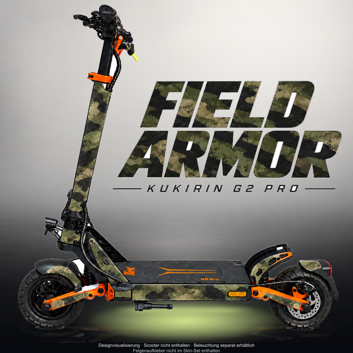 KUKIRIN G2 PRO SKIN | FIELD ARMOR – Designvisualisierung mit Licht in der Skinfarbe; Scooter nicht enthalten, Beleuchtung separat erhältlich