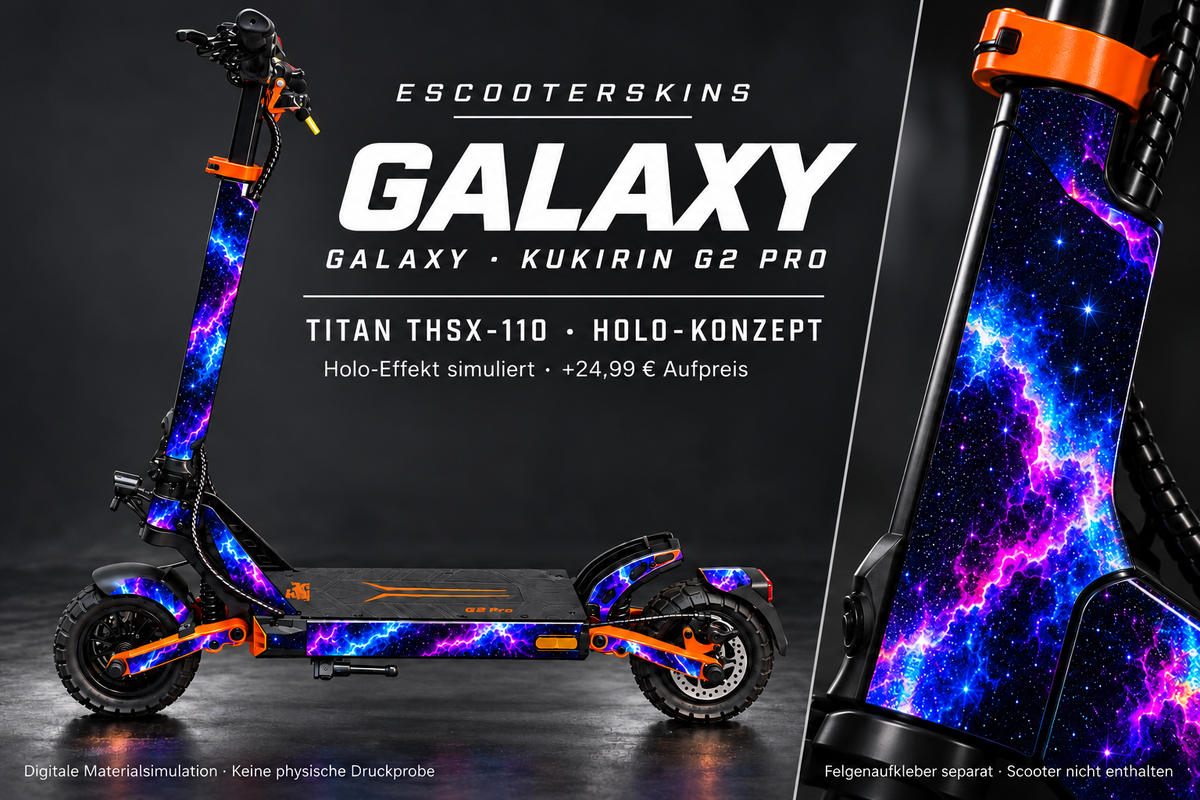 KUKIRIN G2 PRO SKIN | GALAXY – Holo-Effekt simuliert; +24,99 EUR Aufpreis. Digitale Materialsimulation, keine physische Druckprobe. Nur Body-Skin; Scooter und Felgenaufkleber nicht enthalten.