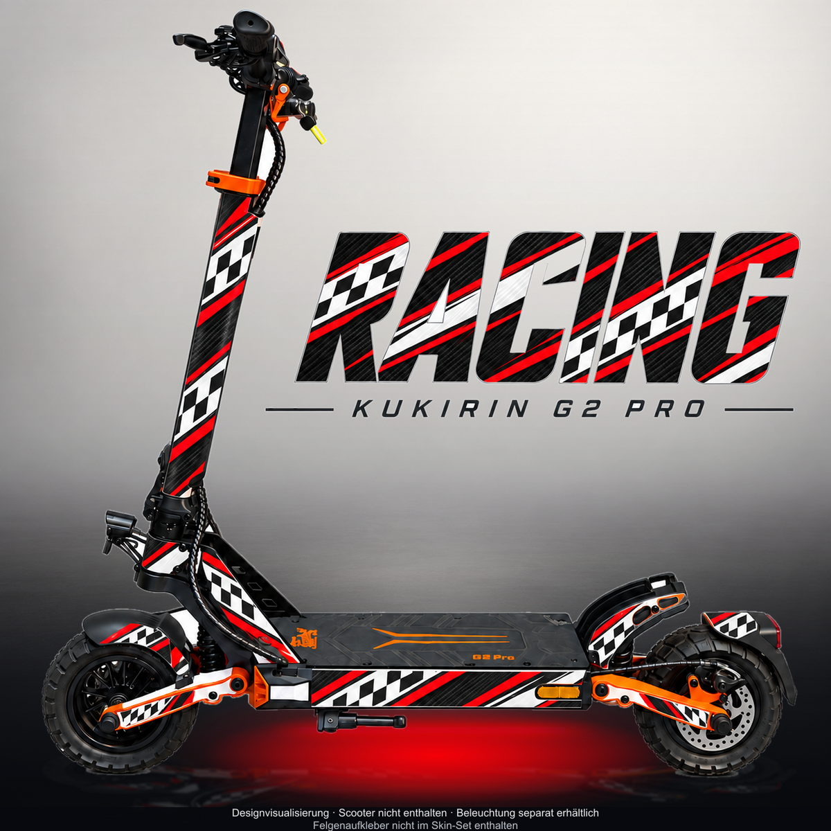 KUKIRIN G2 PRO SKIN | RACING – Designvisualisierung mit Licht in der Skinfarbe; Scooter nicht enthalten, Beleuchtung separat erhältlich