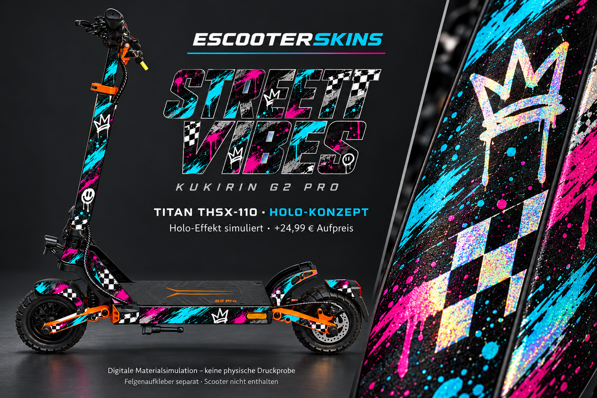 KUKIRIN G2 PRO SKIN | STREET VIBES – Holo-Effekt simuliert; +24,99 EUR Aufpreis. Digitale Materialsimulation, keine physische Druckprobe. Nur Body-Skin; Trittbrett und Felgenaufkleber separat; Scooter nicht enthalten.