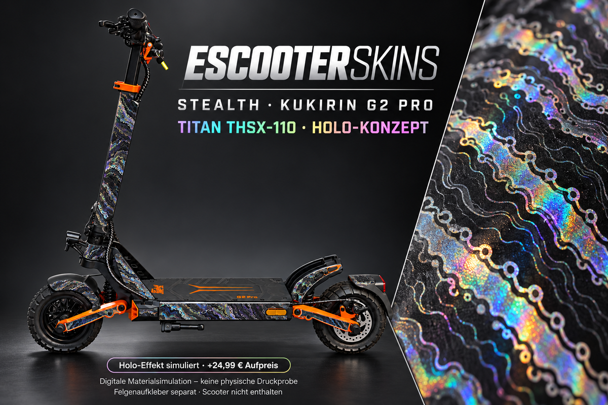 KUKIRIN G2 PRO SKIN | STEALTH – Holo-Effekt simuliert; +24,99 EUR Aufpreis. Digitale Materialsimulation, keine physische Druckprobe. Nur Body-Skin; Trittbrett und Felgenaufkleber separat; Scooter nicht enthalten.
