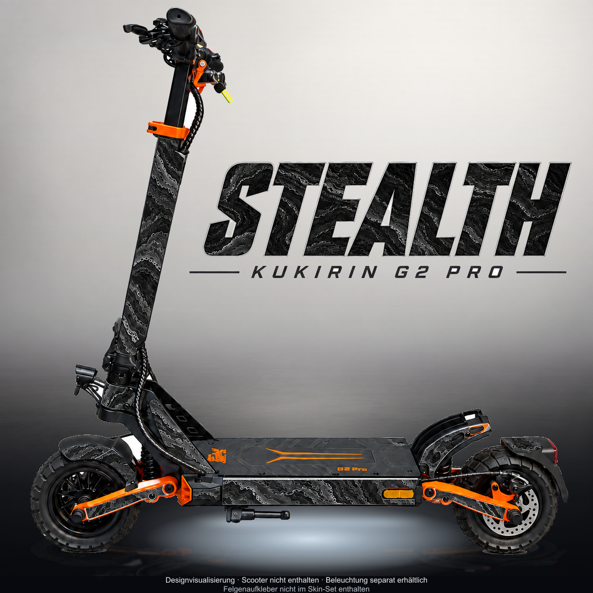 KUKIRIN G2 PRO SKIN | STEALTH – Designvisualisierung mit Licht in der Skinfarbe; Scooter nicht enthalten, Beleuchtung separat erhältlich