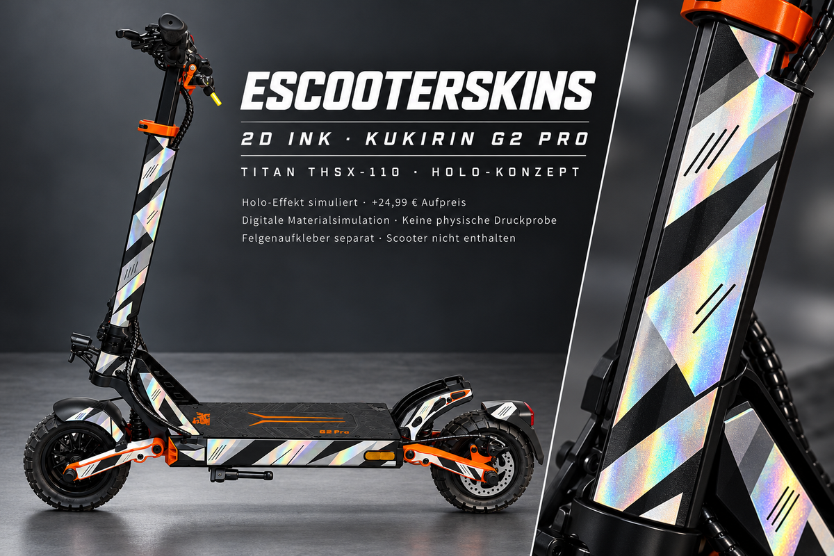 KUKIRIN G2 PRO SKIN | 2D INK – Holo-Effekt simuliert; +24,99 EUR Aufpreis. Digitale Materialsimulation, keine physische Druckprobe. Nur Body-Skin; Scooter und Felgenaufkleber nicht enthalten.