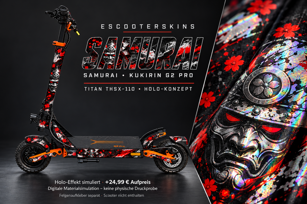 KUKIRIN G2 PRO SKIN | SAMURAI – Holo-Effekt simuliert; +24,99 EUR Aufpreis. Digitale Materialsimulation, keine physische Druckprobe. Nur Body-Skin; Trittbrett und Felgenaufkleber separat; Scooter nicht enthalten.