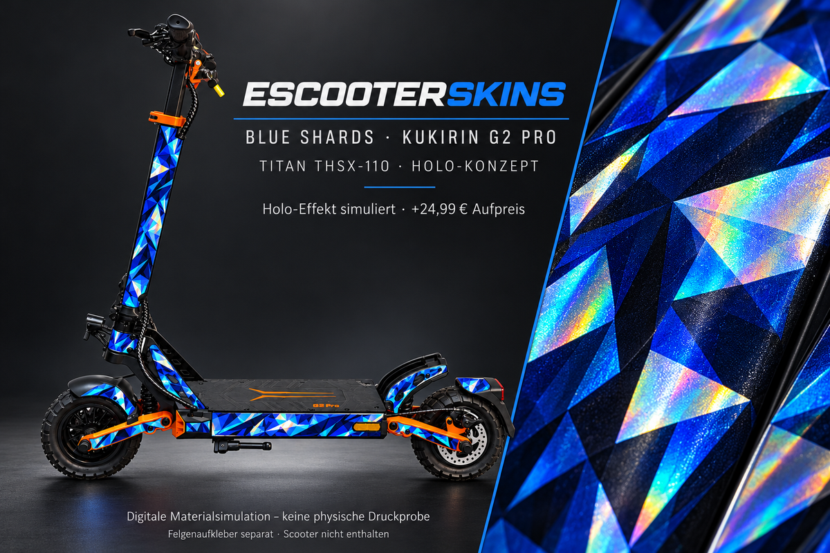 KUKIRIN G2 PRO SKIN | BLUE SHARDS – Holo-Effekt simuliert; +24,99 EUR Aufpreis. Digitale Materialsimulation, keine physische Druckprobe. Nur Body-Skin; Scooter und Felgenaufkleber nicht enthalten.