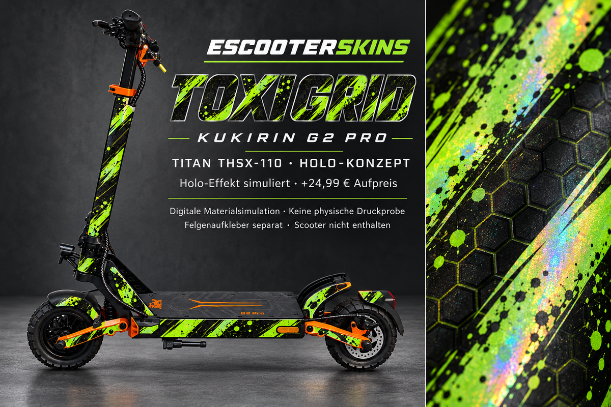 KUKIRIN G2 PRO SKIN | TOXIC GRID – Holo-Effekt simuliert; +24,99 EUR Aufpreis. Digitale Materialsimulation, keine physische Druckprobe. Nur Body-Skin; Trittbrett und Felgenaufkleber separat; Scooter nicht enthalten.