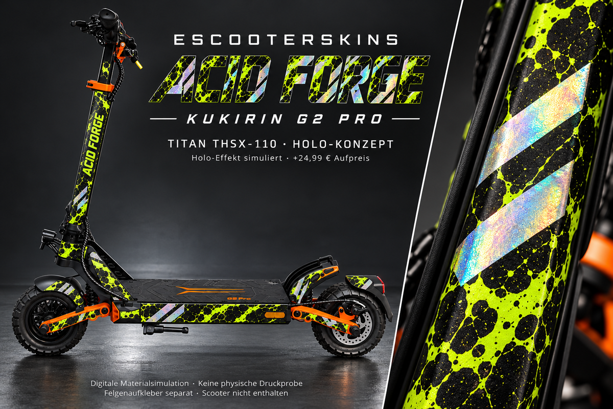 KUKIRIN G2 PRO SKIN | ACID FORGE – Holo-Effekt simuliert; +24,99 EUR Aufpreis. Digitale Materialsimulation, keine physische Druckprobe. Nur Body-Skin; Scooter und Felgenaufkleber nicht enthalten.