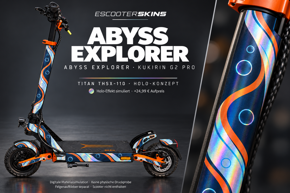 KUKIRIN G2 PRO SKIN | ABYSS EXPLORER – Holo-Effekt simuliert; +24,99 EUR Aufpreis. Digitale Materialsimulation, keine physische Druckprobe. Nur Body-Skin; Scooter und Felgenaufkleber nicht enthalten.