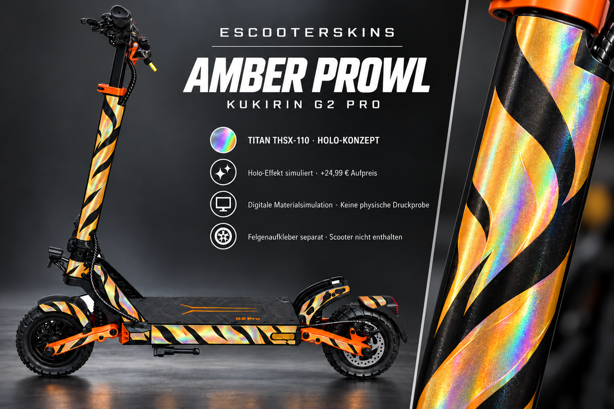 KUKIRIN G2 PRO SKIN | AMBER PROWL – Holo-Effekt simuliert; +24,99 EUR Aufpreis. Digitale Materialsimulation, keine physische Druckprobe. Nur Body-Skin; Scooter und Felgenaufkleber nicht enthalten.