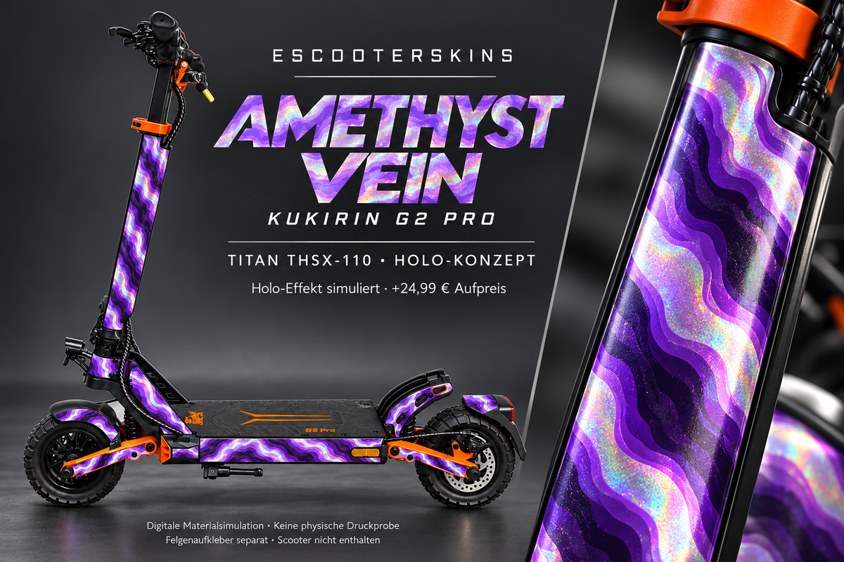 KUKIRIN G2 PRO SKIN | AMETHYST VEIN – Holo-Effekt simuliert; +24,99 EUR Aufpreis. Digitale Materialsimulation, keine physische Druckprobe. Nur Body-Skin; Scooter und Felgenaufkleber nicht enthalten.