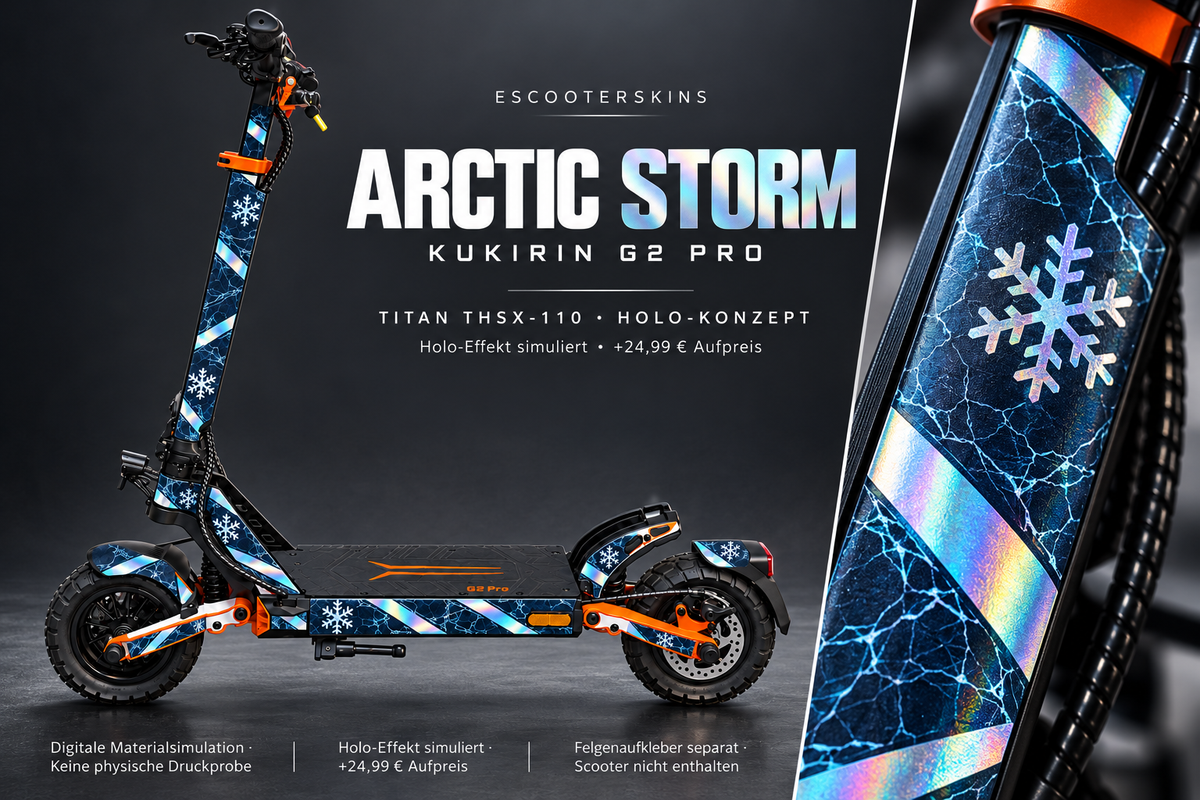 KUKIRIN G2 PRO SKIN | ARCTIC STORM – Holo-Effekt simuliert; +24,99 EUR Aufpreis. Digitale Materialsimulation, keine physische Druckprobe. Nur Body-Skin; Scooter und Felgenaufkleber nicht enthalten.