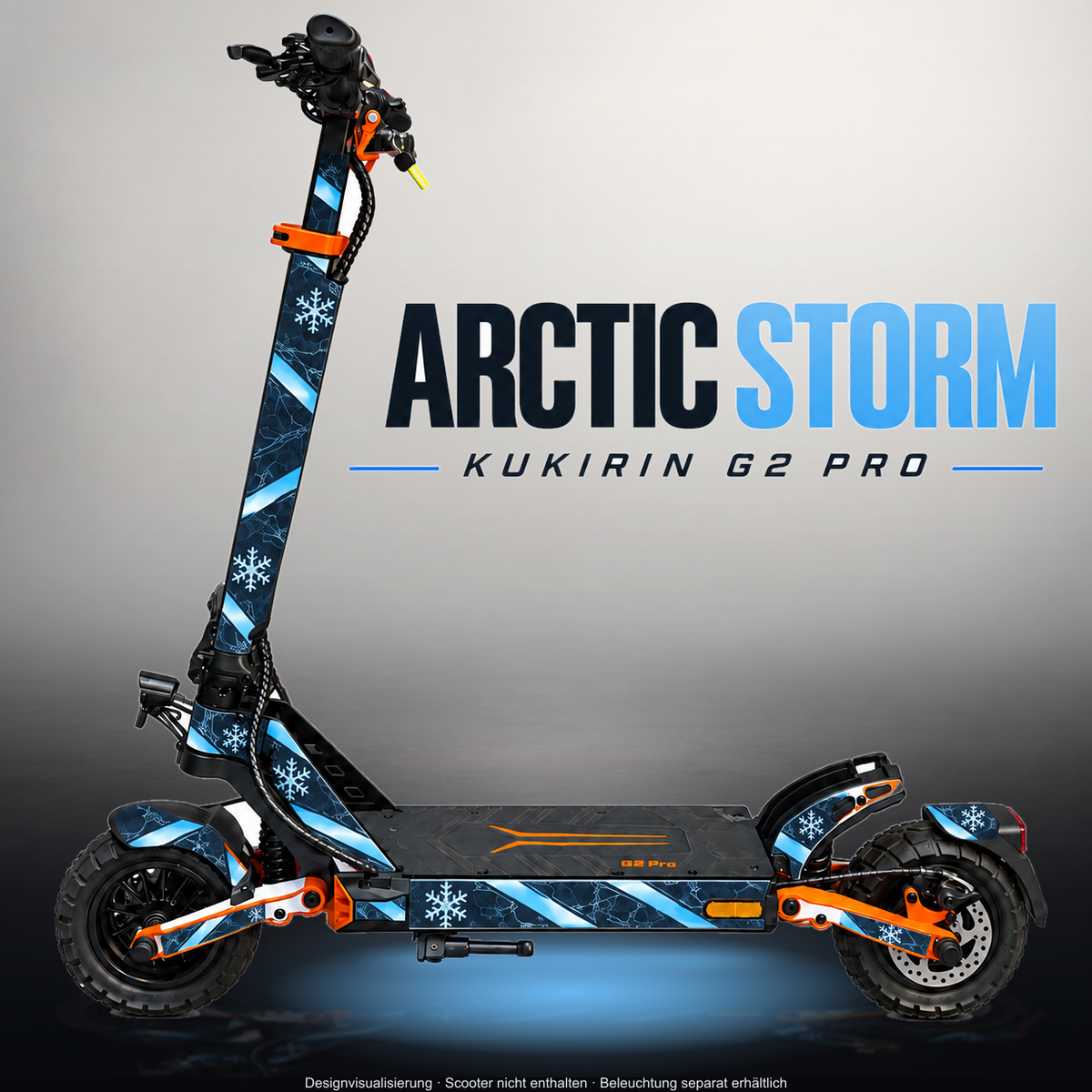 KUKIRIN G2 PRO SKIN | ARCTIC STORM – Designvisualisierung im Studio-Look mit Licht in der Skinfarbe; Scooter nicht enthalten, Beleuchtung separat erhältlich