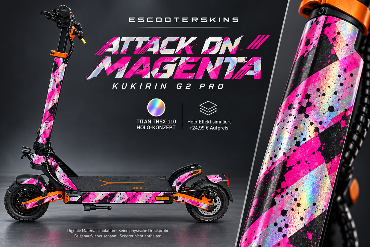 KUKIRIN G2 PRO SKIN | ATTACK ON MAGENTA – Holo-Effekt simuliert; +24,99 EUR Aufpreis. Digitale Materialsimulation, keine physische Druckprobe. Nur Body-Skin; Scooter und Felgenaufkleber nicht enthalten.