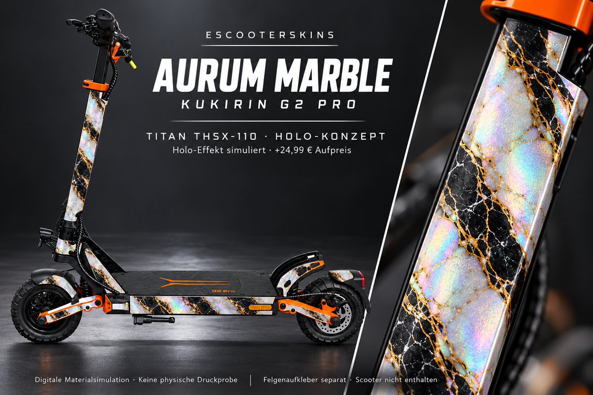KUKIRIN G2 PRO SKIN | AURUM MARBLE – Holo-Effekt simuliert; +24,99 EUR Aufpreis. Digitale Materialsimulation, keine physische Druckprobe. Nur Body-Skin; Scooter und Felgenaufkleber nicht enthalten.