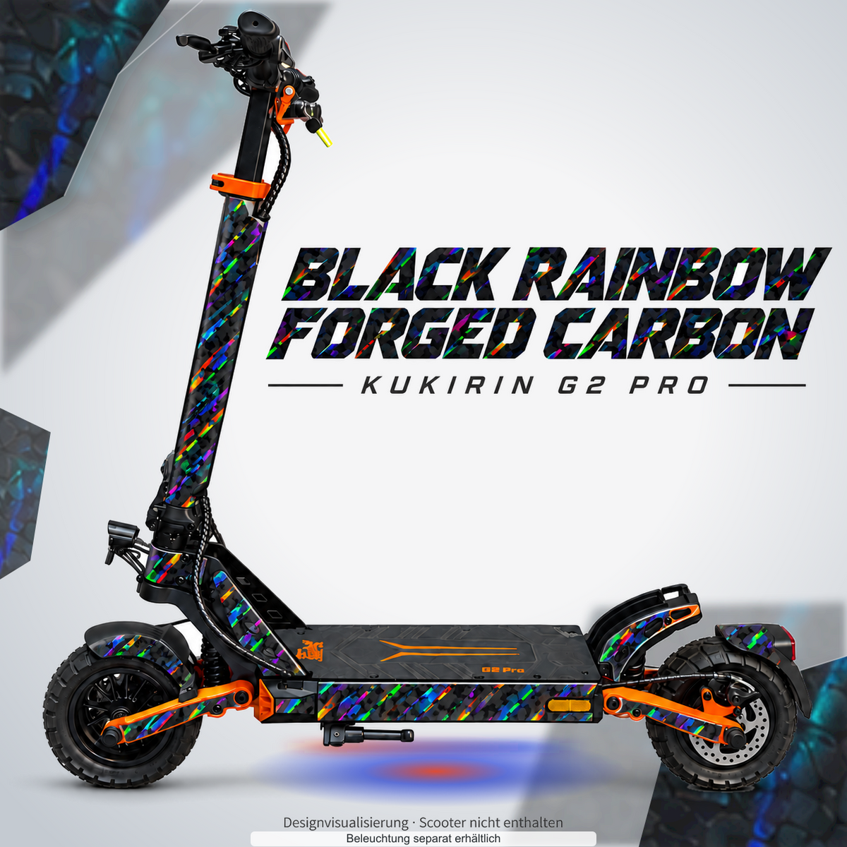 KUKIRIN G2 PRO SKIN | BLACK RAINBOW FORGED CARBON – Designvisualisierung mit farblich passendem Lichtschein. Scooter nicht enthalten; Beleuchtung separat erhältlich.