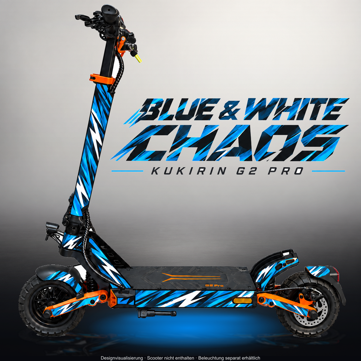 KUKIRIN G2 PRO SKIN | BLUE & WHITE CHAOS – Designvisualisierung im Studio-Look mit Licht in der Skinfarbe; Scooter nicht enthalten, Beleuchtung separat erhältlich