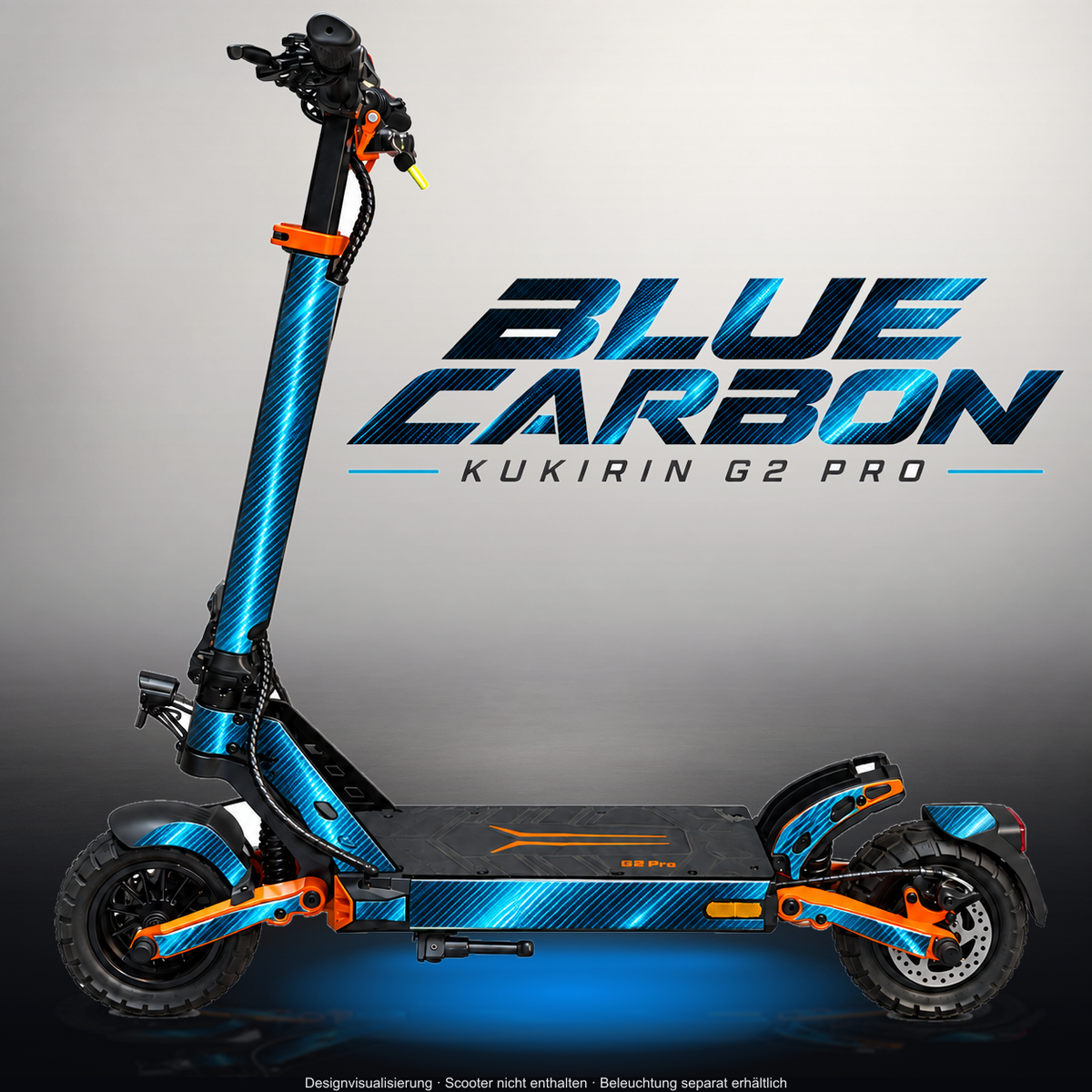 KUKIRIN G2 PRO SKIN | BLUE CARBON – Designvisualisierung im Studio-Look mit Licht in der Skinfarbe; Scooter nicht enthalten, Beleuchtung separat erhältlich