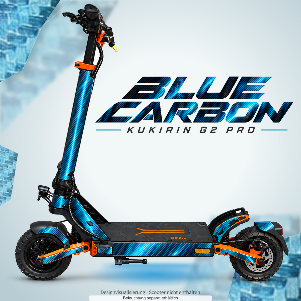 KUKIRIN G2 PRO SKIN | BLUE CARBON – Designvisualisierung mit farblich passendem Lichtschein. Scooter nicht enthalten; Beleuchtung separat erhältlich.