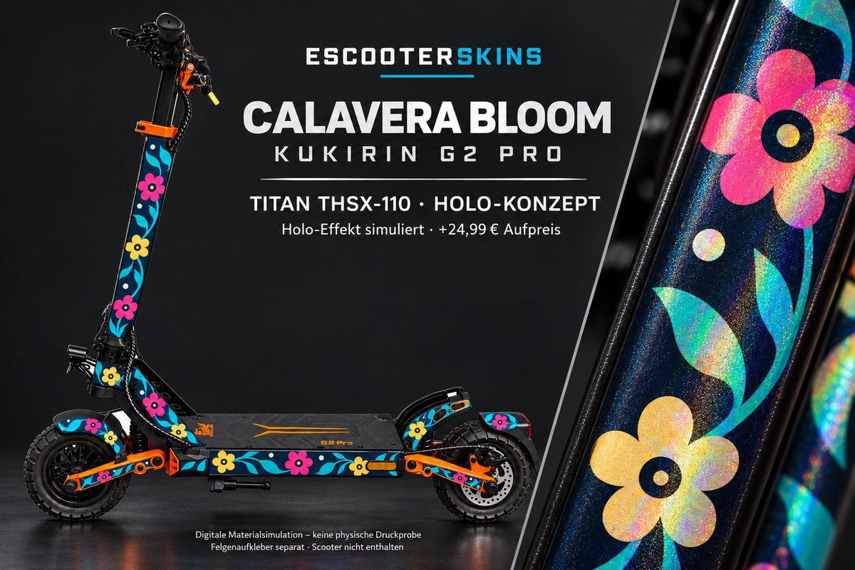 KUKIRIN G2 PRO SKIN | CALAVERA BLOOM – Holo-Effekt simuliert; +24,99 EUR Aufpreis. Digitale Materialsimulation, keine physische Druckprobe. Nur Body-Skin; Scooter und Felgenaufkleber nicht enthalten.