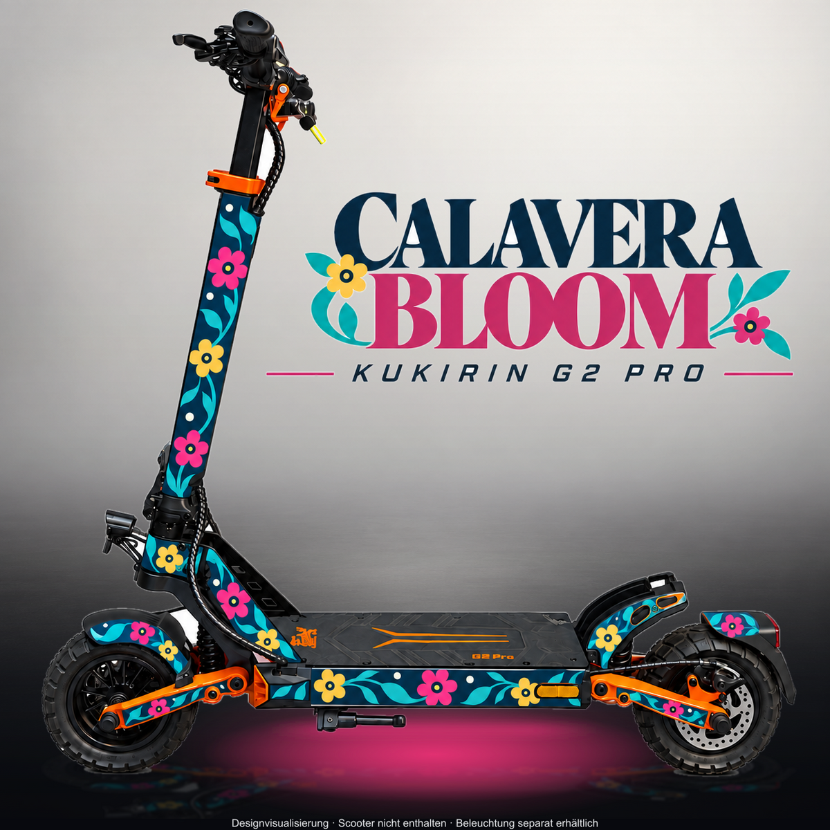 KUKIRIN G2 PRO SKIN | CALAVERA BLOOM – Designvisualisierung im Studio-Look mit Licht in der Skinfarbe; Scooter nicht enthalten, Beleuchtung separat erhältlich