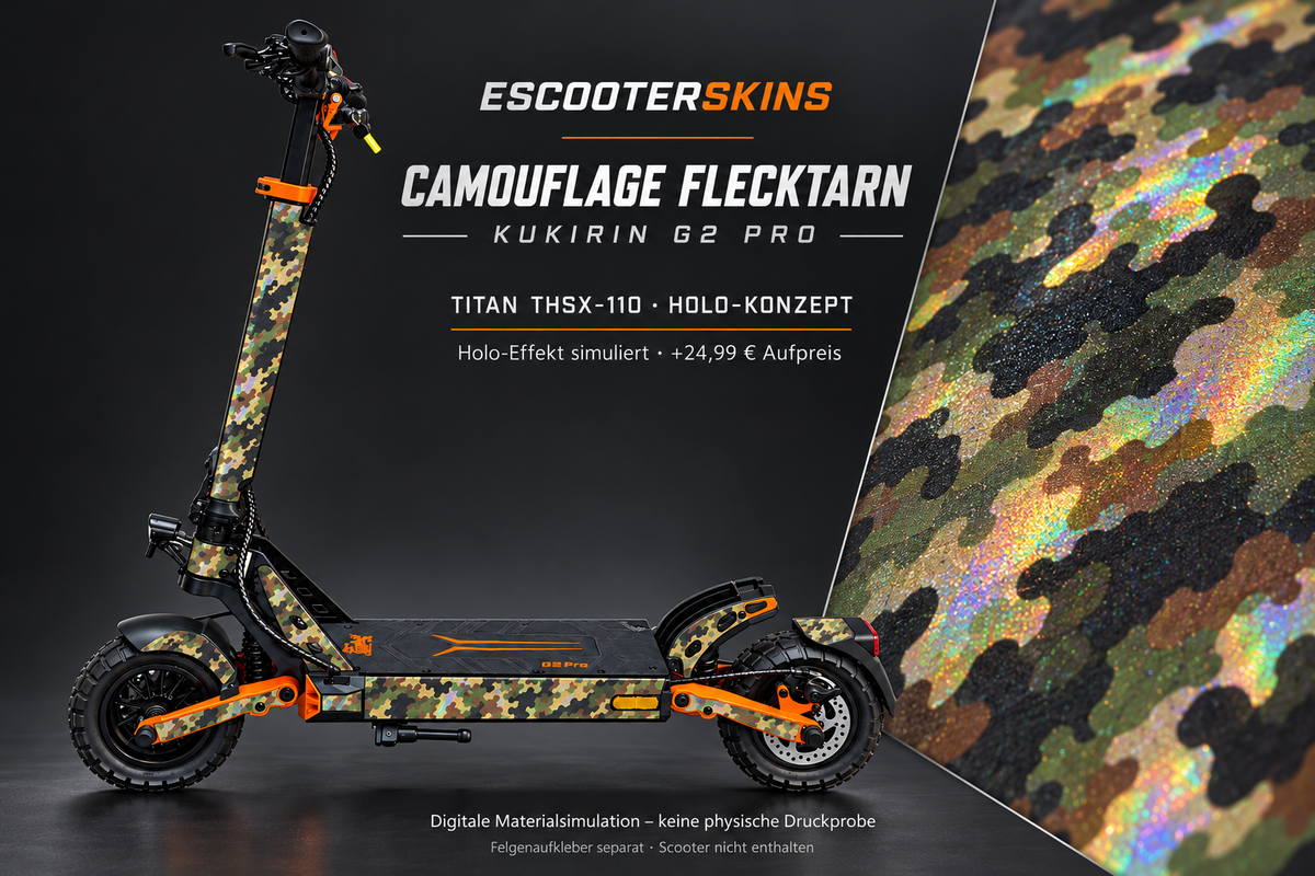 KUKIRIN G2 PRO SKIN | CAMOUFLAGE FLECKTARN – Holo-Effekt simuliert; +24,99 EUR Aufpreis. Digitale Materialsimulation, keine physische Druckprobe. Nur Body-Skin; Scooter und Felgenaufkleber nicht enthalten.