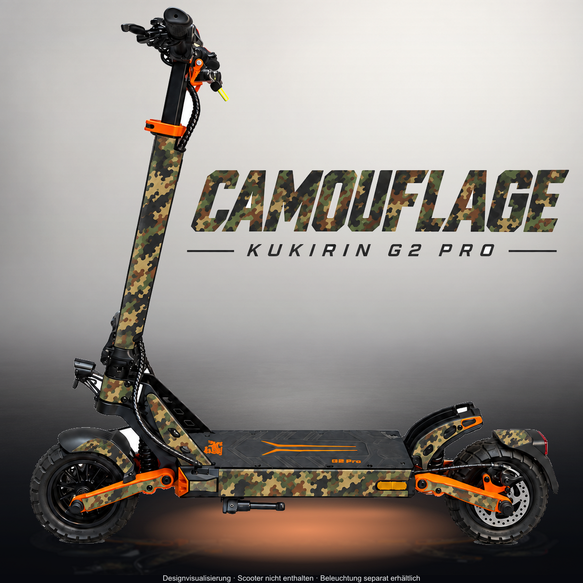 KUKIRIN G2 PRO SKIN | CAMOUFLAGE FLECKTARN – Designvisualisierung im Studio-Look mit Licht in der Skinfarbe; Scooter nicht enthalten, Beleuchtung separat erhältlich