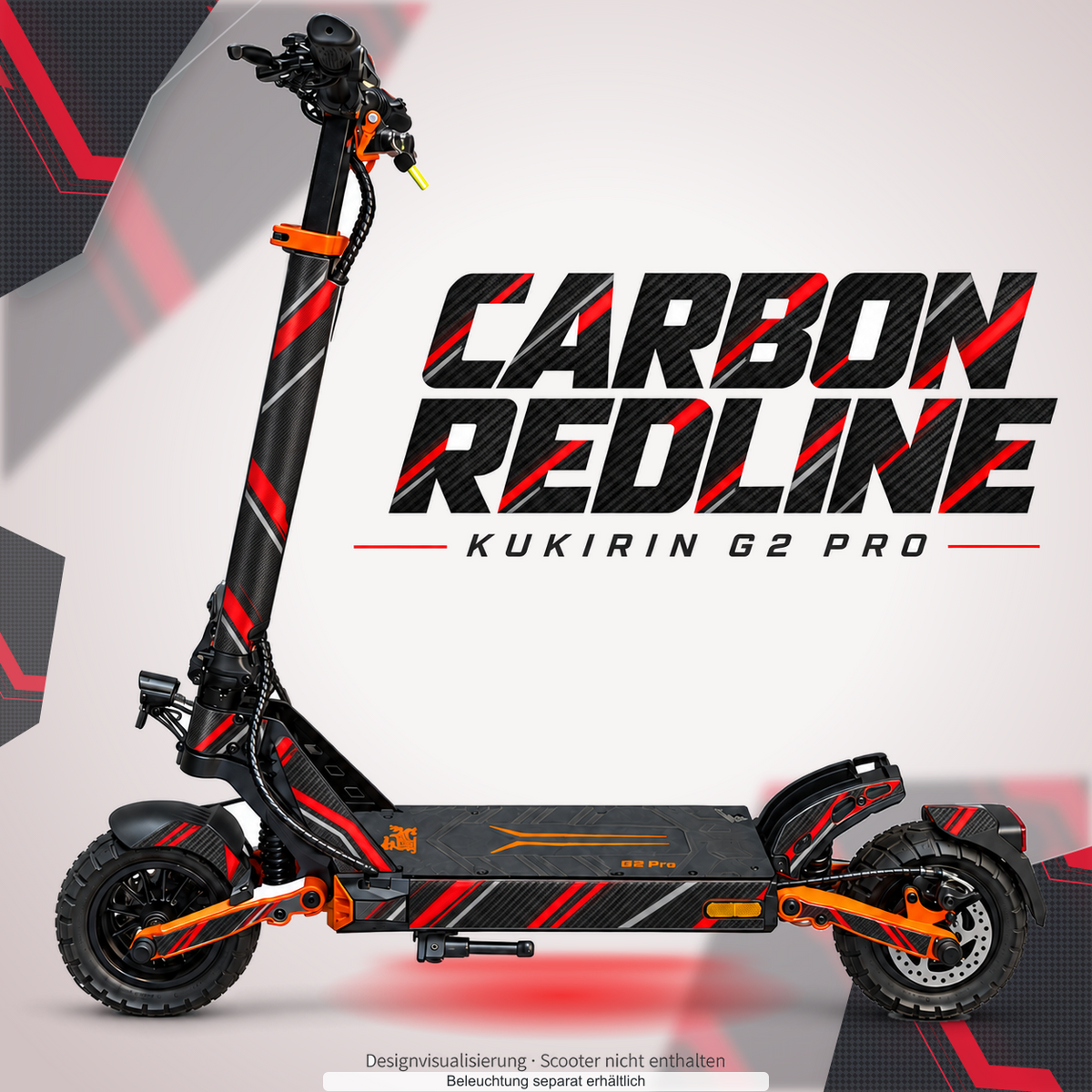 KUKIRIN G2 PRO SKIN | CARBON REDLINE – Designvisualisierung mit farblich passendem Lichtschein. Scooter nicht enthalten; Beleuchtung separat erhältlich.