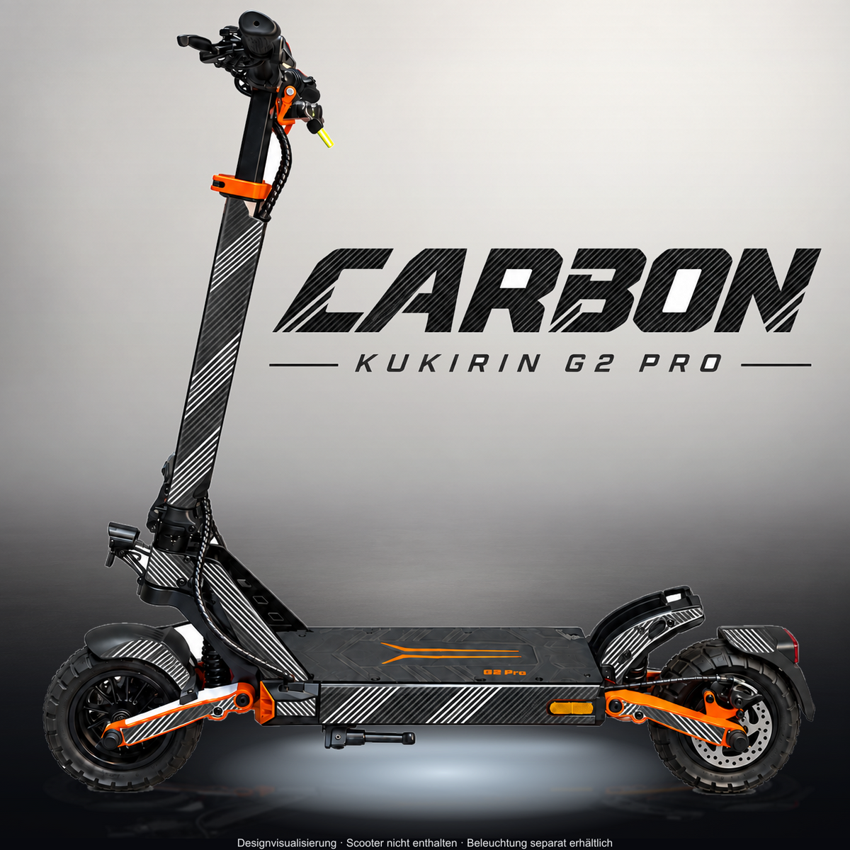 KUKIRIN G2 PRO SKIN | CARBON – Designvisualisierung im Studio-Look mit Licht in der Skinfarbe; Scooter nicht enthalten, Beleuchtung separat erhältlich