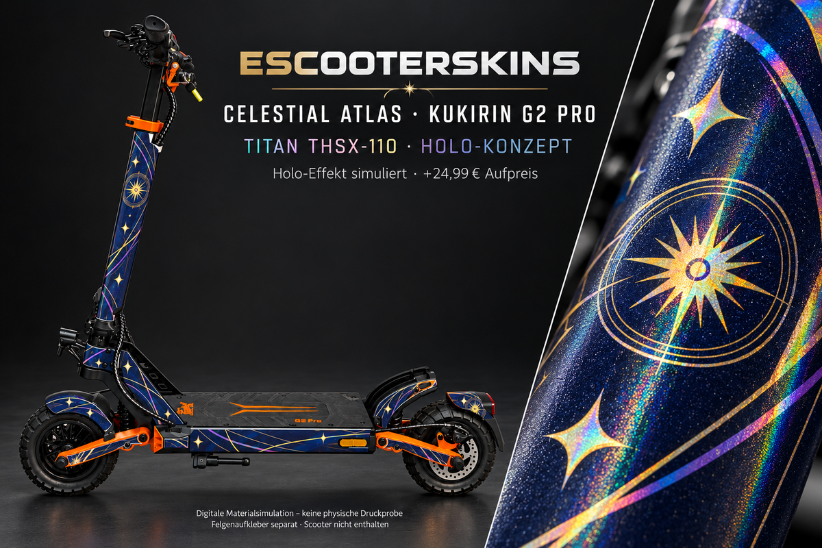 KUKIRIN G2 PRO SKIN | CELESTIAL ATLAS – Holo-Effekt simuliert; +24,99 EUR Aufpreis. Digitale Materialsimulation, keine physische Druckprobe. Nur Body-Skin; Scooter und Felgenaufkleber nicht enthalten.