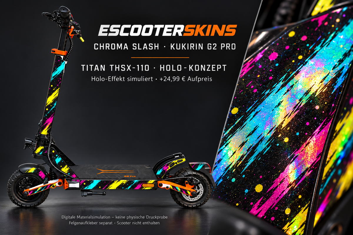 KUKIRIN G2 PRO SKIN | CHROMA SLASH – Holo-Effekt simuliert; +24,99 EUR Aufpreis. Digitale Materialsimulation, keine physische Druckprobe. Nur Body-Skin; Scooter und Felgenaufkleber nicht enthalten.