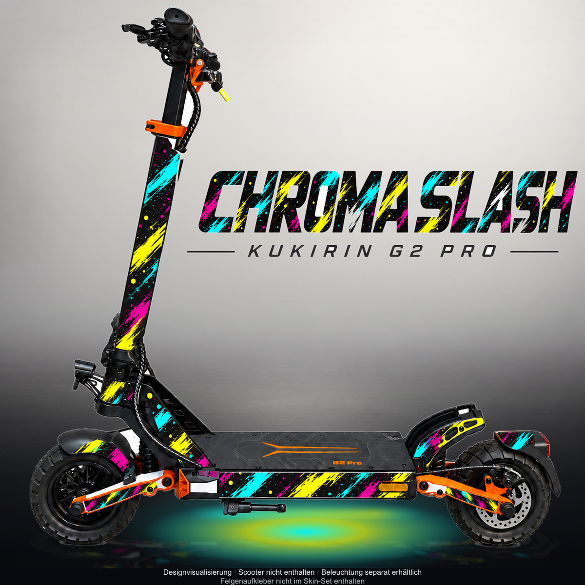 KUKIRIN G2 PRO SKIN | CHROMA SLASH – Designvisualisierung mit Licht in der Skinfarbe; Scooter nicht enthalten, Beleuchtung separat erhältlich