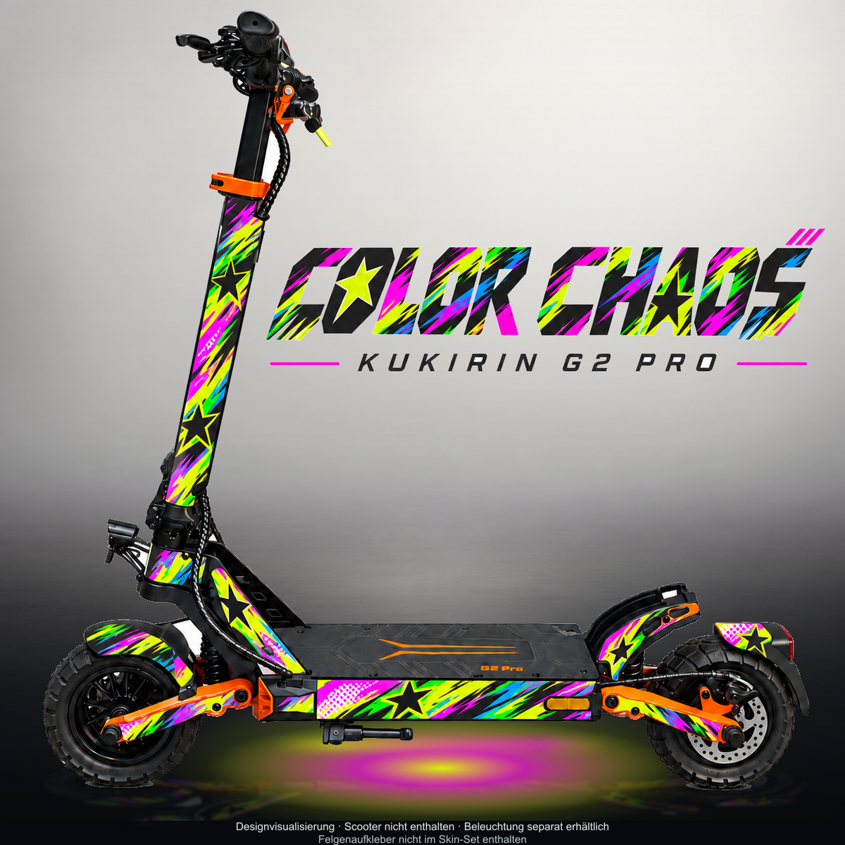 KUKIRIN G2 PRO SKIN | COLOR CHAOS – Designvisualisierung mit Licht in der Skinfarbe; Scooter nicht enthalten, Beleuchtung separat erhältlich
