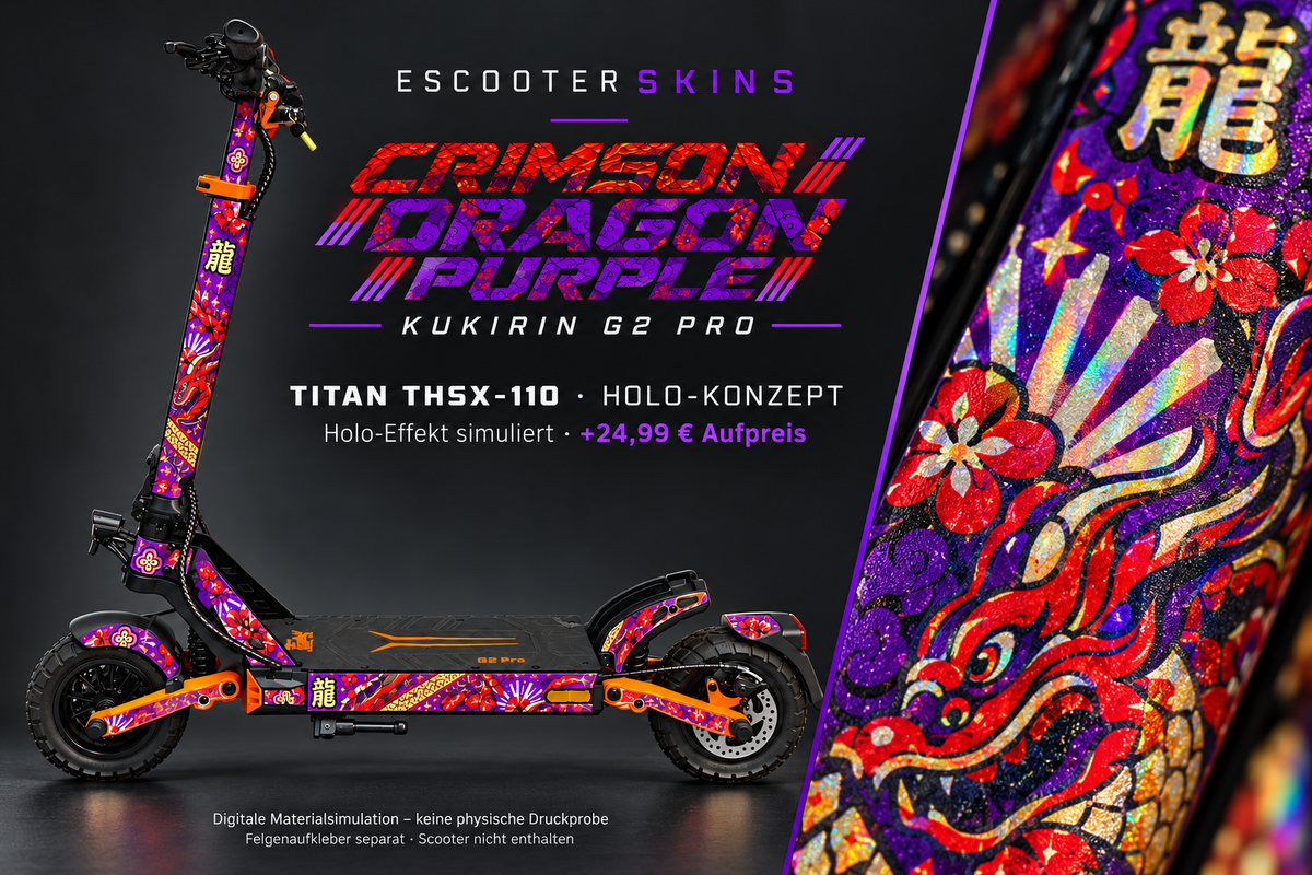 KUKIRIN G2 PRO SKIN | CRIMSON DRAGON PURPLE – Holo-Effekt simuliert; +24,99 EUR Aufpreis. Digitale Materialsimulation, keine physische Druckprobe. Nur Body-Skin; Scooter und Felgenaufkleber nicht enthalten.