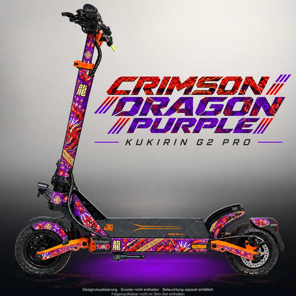 KUKIRIN G2 PRO SKIN | CRIMSON DRAGON PURPLE – Designvisualisierung mit Licht in der Skinfarbe; Scooter nicht enthalten, Beleuchtung separat erhältlich