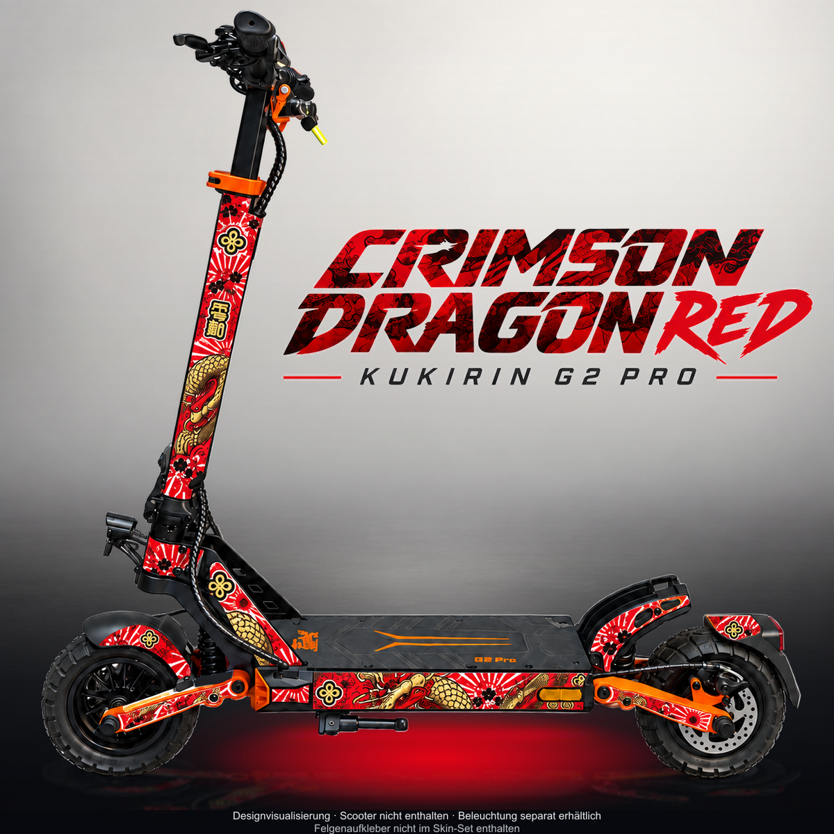 KUKIRIN G2 PRO SKIN | CRIMSON DRAGON RED – Designvisualisierung mit Licht in der Skinfarbe; Scooter nicht enthalten, Beleuchtung separat erhältlich
