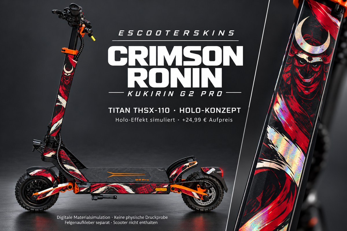 KUKIRIN G2 PRO SKIN | CRIMSON RONIN – Holo-Effekt simuliert; +24,99 EUR Aufpreis. Digitale Materialsimulation, keine physische Druckprobe. Nur Body-Skin; Scooter und Felgenaufkleber nicht enthalten.