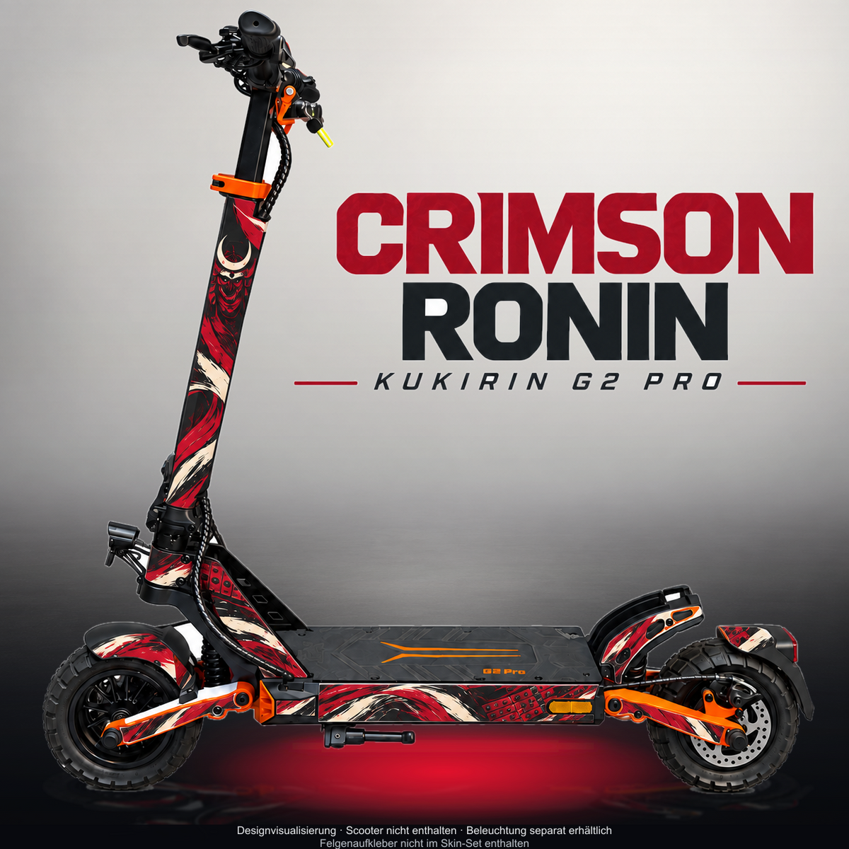 KUKIRIN G2 PRO SKIN | CRIMSON RONIN – Designvisualisierung mit Licht in der Skinfarbe; Scooter nicht enthalten, Beleuchtung separat erhältlich