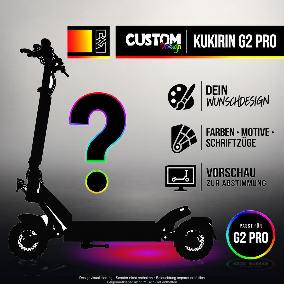 KUKIRIN G2 PRO SKIN | CUSTOM – Designvisualisierung mit Licht in der Skinfarbe; Scooter nicht enthalten, Beleuchtung separat erhältlich
